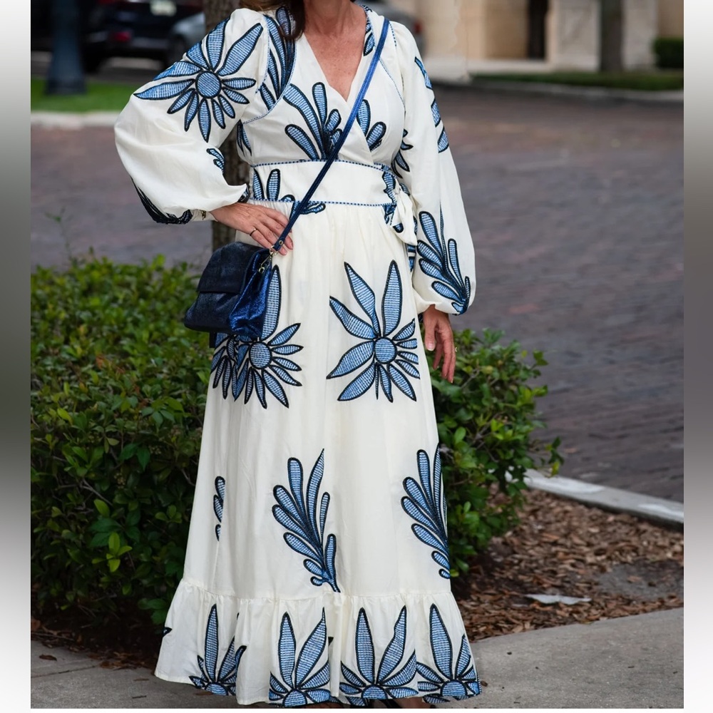 Maxi Wrap Dress in White with Blue Floral Embroidery